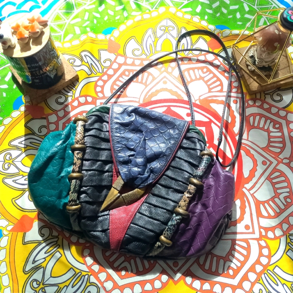 Vintage Leather Patchwork Python Design Shoulder Bag